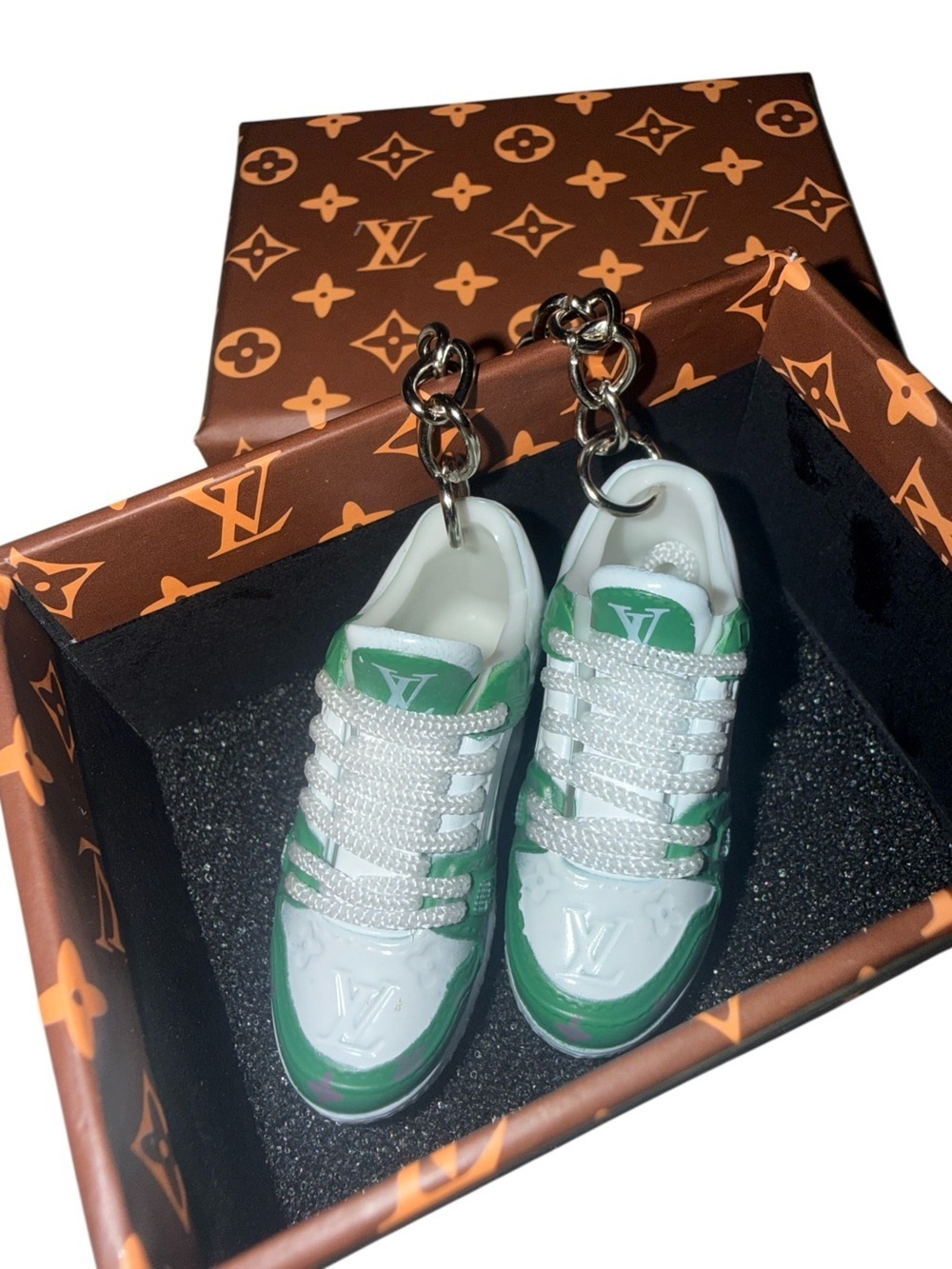 Mini Sneaker Keychain Set Green White Designer Style Shoe Charms